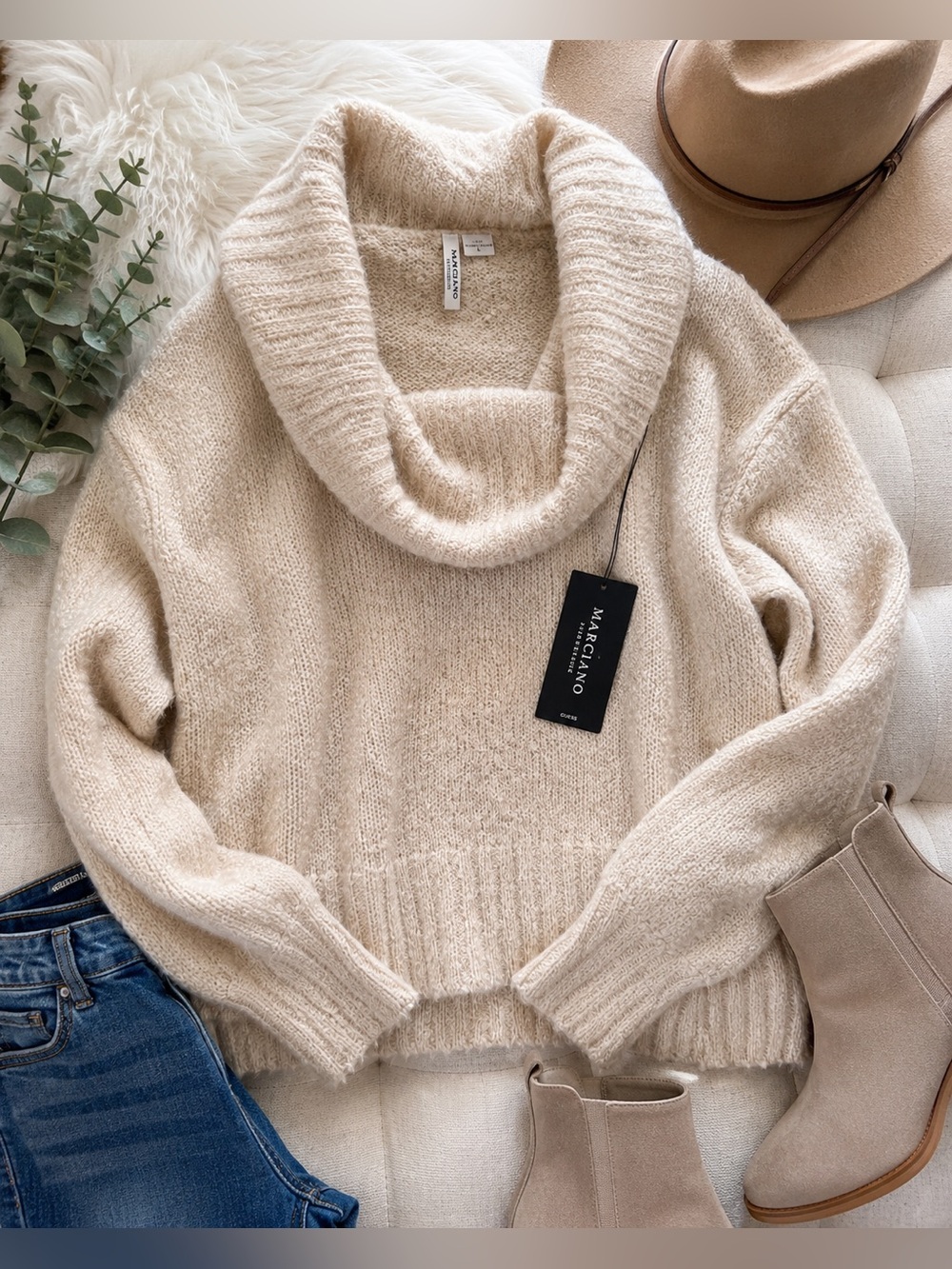 NWT Marciano Los Angeles Cowl Neck Sweater Size L Beige Alpaca Wool Blend Soft